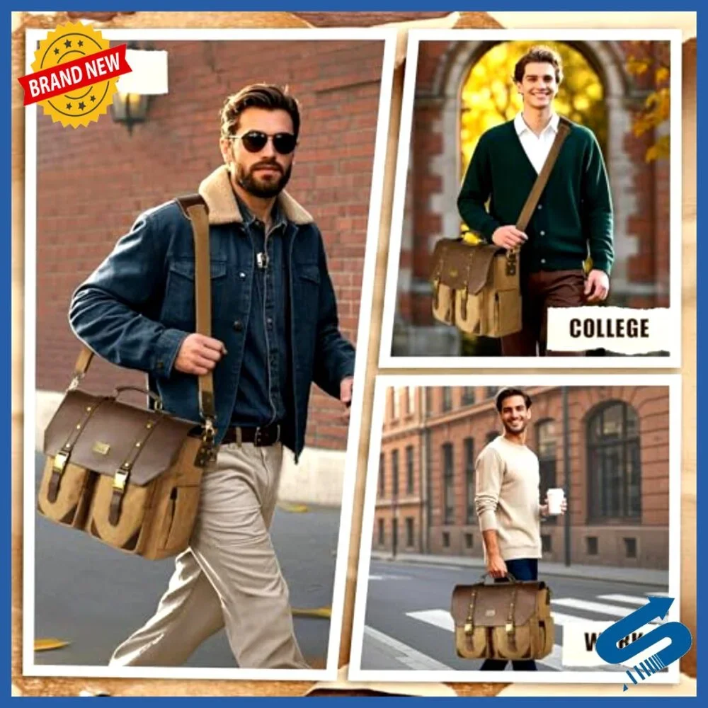Vintage Messenger Bag with USB Port RFID Blocking Water Resistant Canvas PU